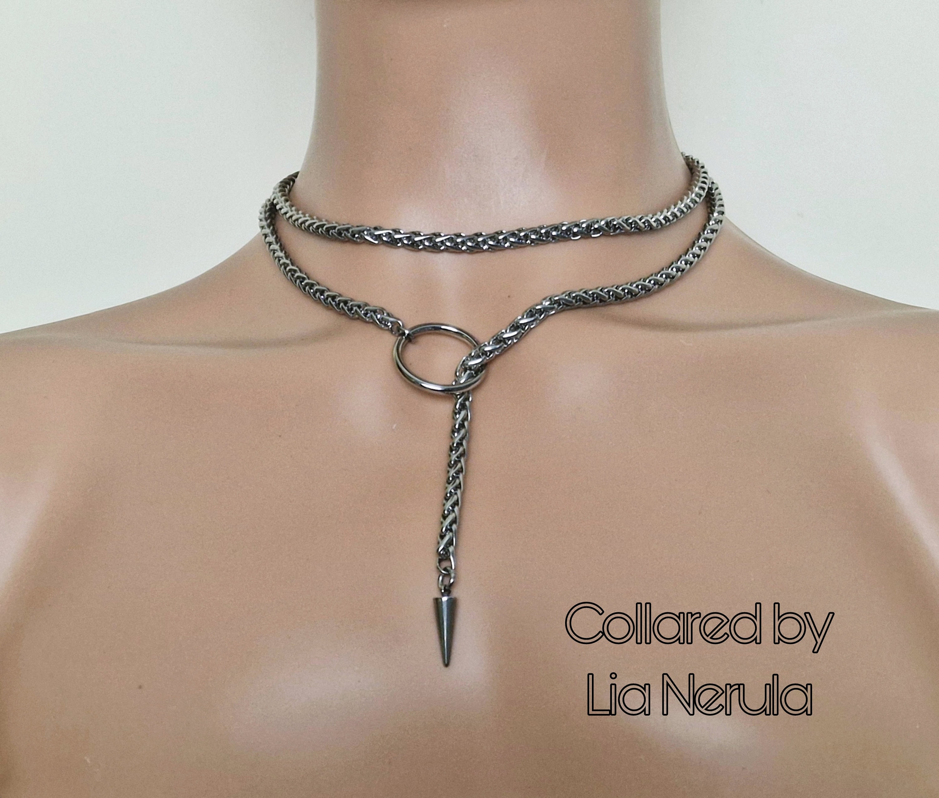 Choke Chain Necklace Choke Style Collar Silver Heart Locked O-Ring