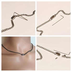 May include: A silver chain necklace with a magnetic clasp. The necklace is shown in three different positions: laid flat, worn on a model, and disassembled. The clasp is shown in detail, with a small pin used to secure it.