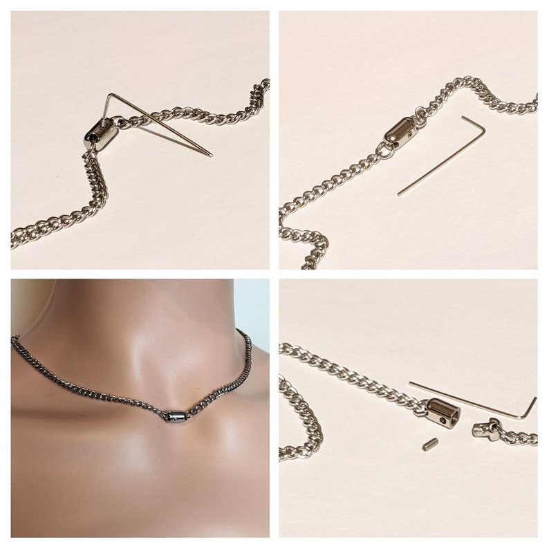 May include: A silver chain necklace with a magnetic clasp. The necklace is shown in three different positions: laid flat, worn on a model, and disassembled. The clasp is shown in detail, with a small pin used to secure it.