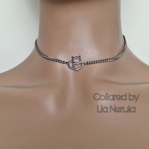 Kitten choker necklace, day collar for pet subs, Simple stainless steel discreet collar with kitten pendant and hex locking option