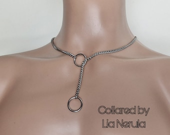 Double O ring lariat necklace, Leash collar, Hex locking chain lead collars for subs