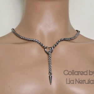 Stainless Steel Slip Chain Collar: Heart & Spike Lariat Necklace