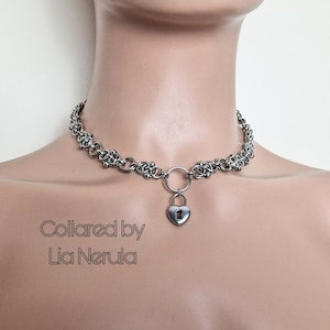 O ring and heart lock day collars for subs, Atom style chainmail necklace choker with hex locking option