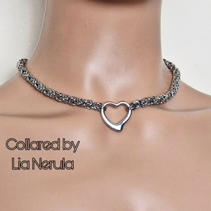 Open heart day collars for subs, 24/7 collar chunky chain with hollow heart, Byzantine chainmail necklace choker with hex locking option