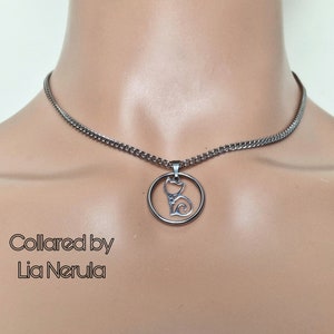 24/7 owned pet collar necklace, day collar for pet subs, Stainless steel discreet collar with O ring kitten pendant and hex locking option