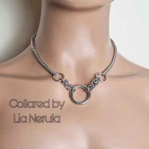 Triple O ring day collar, Chunky chain collar for sub with hex locking option, Stainless steel chain necklace choker with byzantine accents
