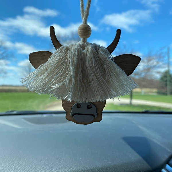 Macrame Highland Cow Car Charm-Rear View Mirror-Essential Oil Diffuser