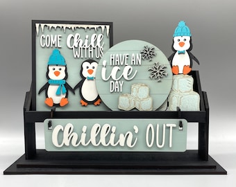 Winter-Penguin-Ice-Chilling Out-Shelf Sitter Set-Interchangeable-Home Decor