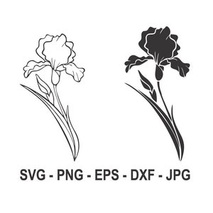 Peut inclure: Une silhouette noire et blanche d'une fleur d'iris avec des feuilles. La fleur est tournée vers la droite de l'image. L'image est à télécharger numériquement et comprend les formats de fichiers SVG, PNG, EPS, DXF et JPG.