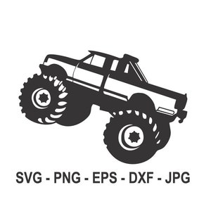 May include: Black and white silhouette of a monster truck with large tyres. The truck is facing the right side of the image and is in mid-air. The text "SVG - PNG - EPS - DXF - JPG" is below the truck.
