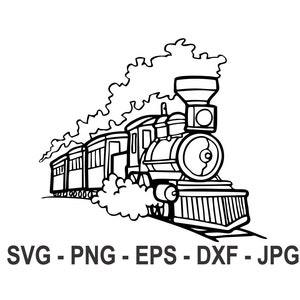 May include: Black and white line art illustration of a vintage steam train with smoke coming from the chimney. The train is moving forward and has several cars attached to the engine. The text "SVG - PNG - EPS - DXF - JPG" is below the train.