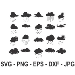 May include: A set of 18 black and white cloud icons, including clouds with rain, snow, sun, and wind. The icons are arranged in a grid pattern. SVG - PNG - EPS - DXF - JPG