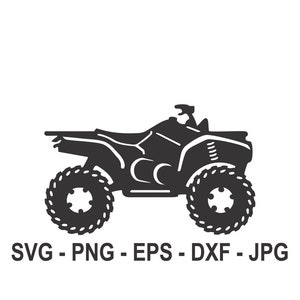 May include: Black and white silhouette of an ATV, or all-terrain vehicle, with four wheels. The ATV is facing to the right. The image includes the text "SVG - PNG - EPS - DXF - JPG".