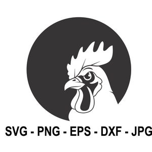 May include: Black and white illustration of a rooster's head inside a black circle. The rooster is facing the right side of the image.