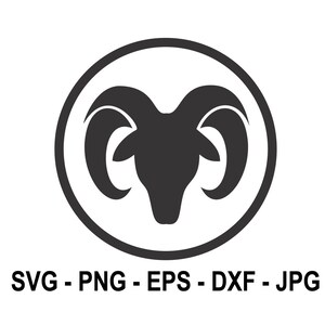 May include: Black and white silhouette of a ram's head inside a circle. The image is for a digital download of a vector graphic.