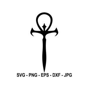 May include: Black and white silhouette of an ankh, a symbol of life and immortality in ancient Egyptian religion.