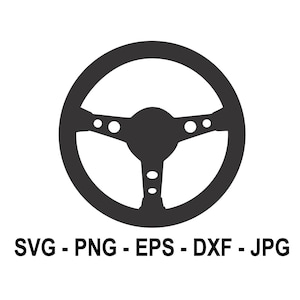 May include: A black steering wheel graphic with a circular design and three spokes. The image includes the text "SVG - PNG - EPS - DXF - JPG" in black, indicating file formats.