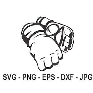 May include: Black and white illustration of a pair of boxing gloves. The gloves are shown in a clenched fist position.