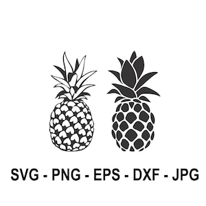 May include: Two black and white silhouette images of pineapples. The pineapples are facing forward and have a detailed design. The text "SVG - PNG - EPS - DXF - JPG" is below the pineapples.