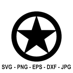 May include: A black and white graphic of a five-pointed star inside a circle.