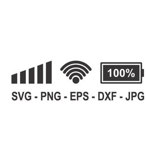 May include: Black and white icons representing a signal strength bar, a wifi symbol, and a battery icon with 100% charge. The text "SVG - PNG - EPS - DXF - JPG" is below the icons.