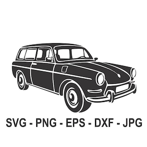 Puede incluir: Silueta en blanco y negro de una camioneta familiar vintage. El coche tiene una carrocería redondeada y una gran ventana trasera. La imagen es una ilustración digital.