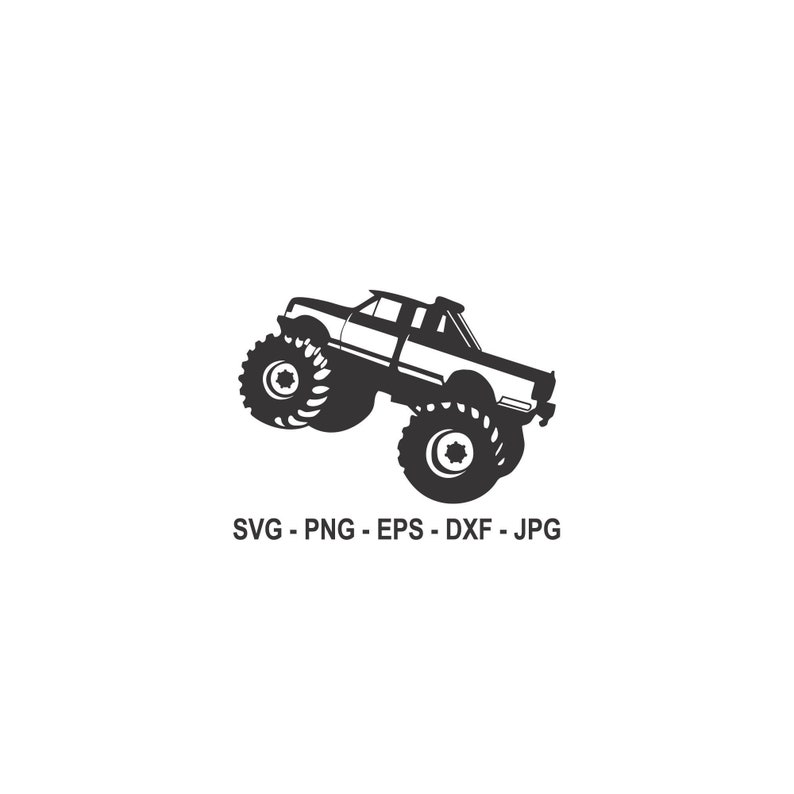May include: Black and white silhouette of a monster truck with large tyres. The truck is facing the right side of the image and is in mid-air. The text "SVG - PNG - EPS - DXF - JPG" is below the truck.