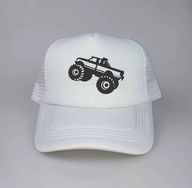 May include: White trucker hat with a black silhouette of a monster truck on the front.
