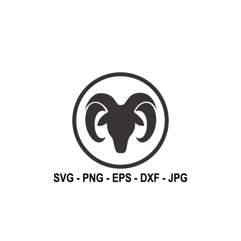 May include: Black and white silhouette of a ram's head inside a circle. The image is for a digital download of a vector graphic.