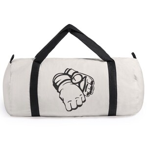 May include: White canvas duffel bag with black straps and a black graphic of a pair of boxing gloves.