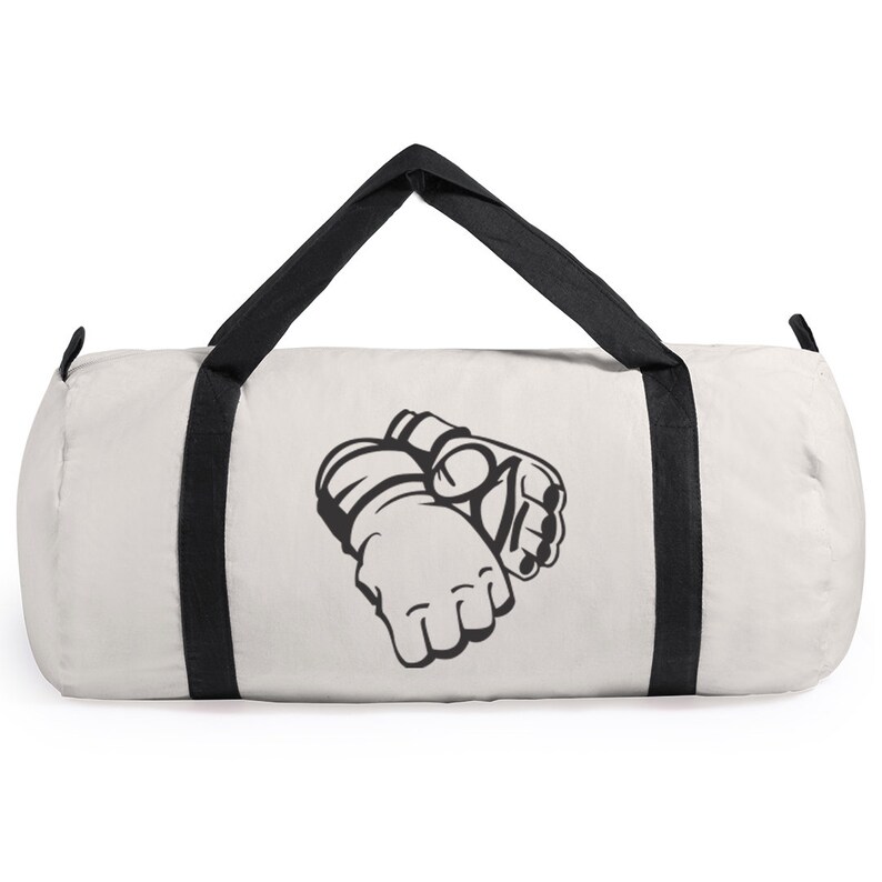 May include: White canvas duffel bag with black straps and a black graphic of a pair of boxing gloves.