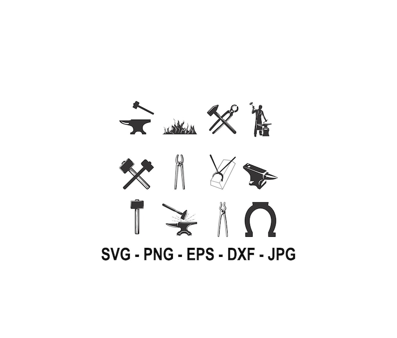 May include: Black and white silhouette icons of blacksmithing tools and equipment, including an anvil, hammer, tongs, horseshoe, and a blacksmith working at an anvil. The text "SVG - PNG - EPS - DXF - JPG" is below the icons.