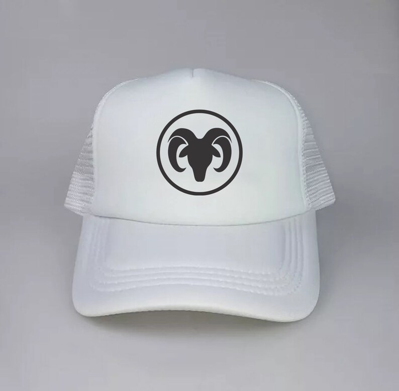May include: White mesh trucker hat with a black ram silhouette inside a circle on the front.