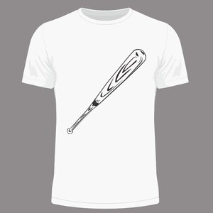 May include: White t-shirt with a black and white illustration of a baseball bat.