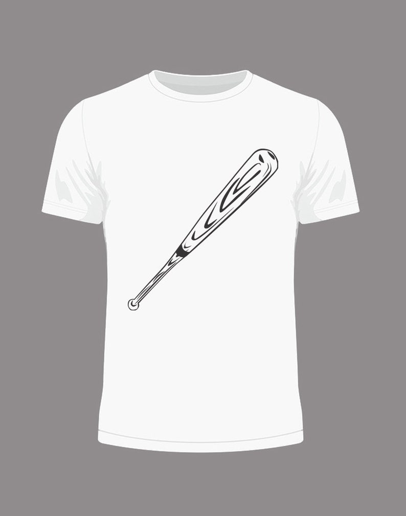 May include: White t-shirt with a black and white illustration of a baseball bat.