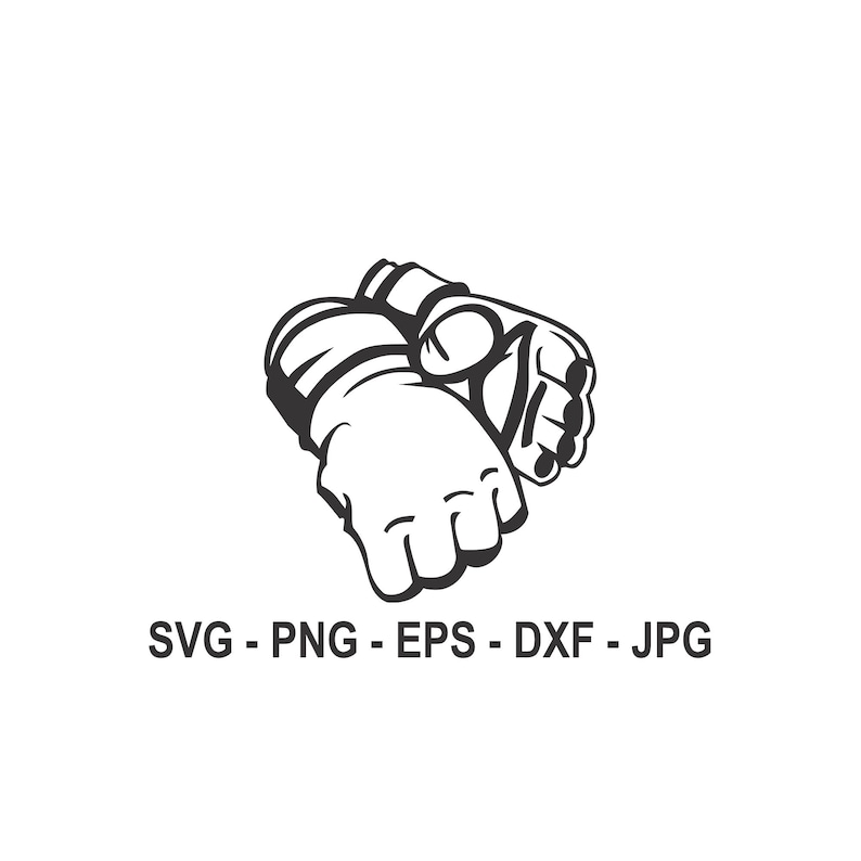 May include: Black and white illustration of a pair of boxing gloves. The gloves are shown in a clenched fist position.