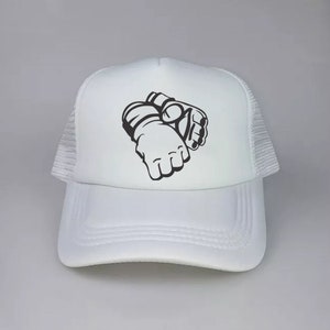 May include: White trucker hat with a black graphic of a pair of boxing gloves.