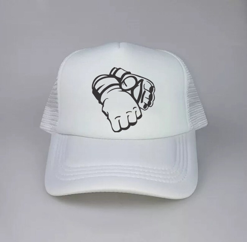 May include: White trucker hat with a black graphic of a pair of boxing gloves.