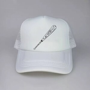 May include: White trucker hat with a black baseball bat graphic.