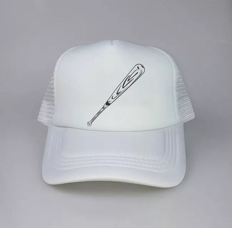 May include: White trucker hat with a black baseball bat graphic.