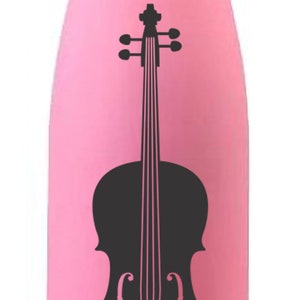 May include: A pink stainless steel water bottle with a black silhouette of a cello on the front.