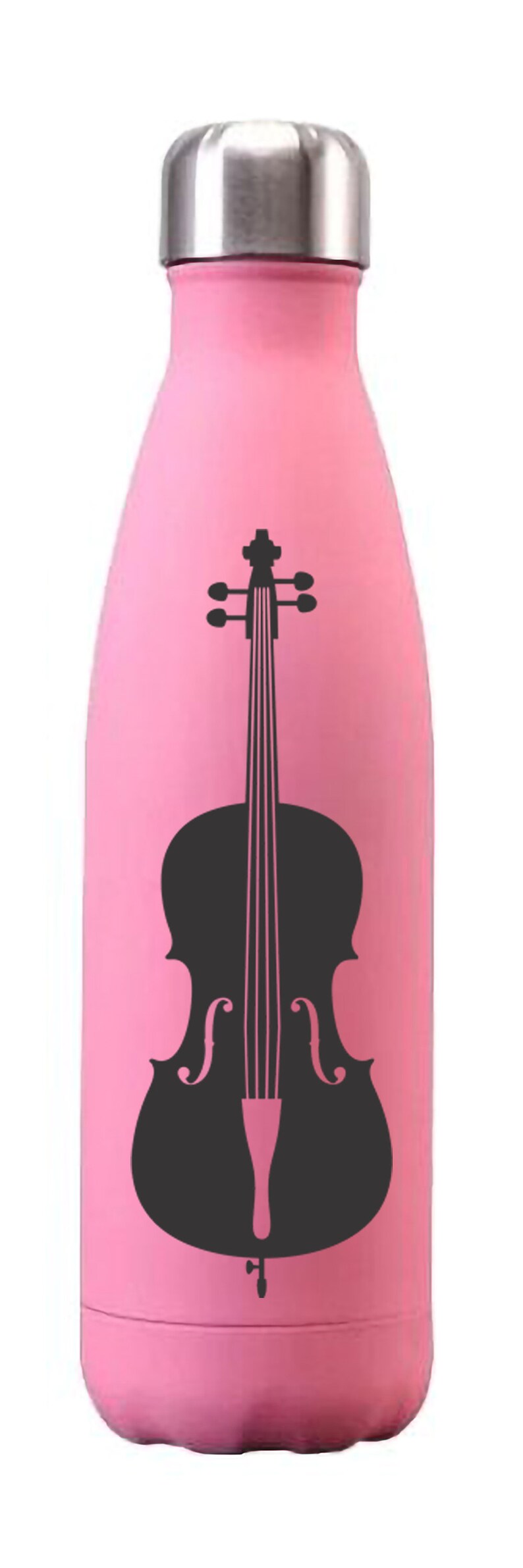 May include: A pink stainless steel water bottle with a black silhouette of a cello on the front.