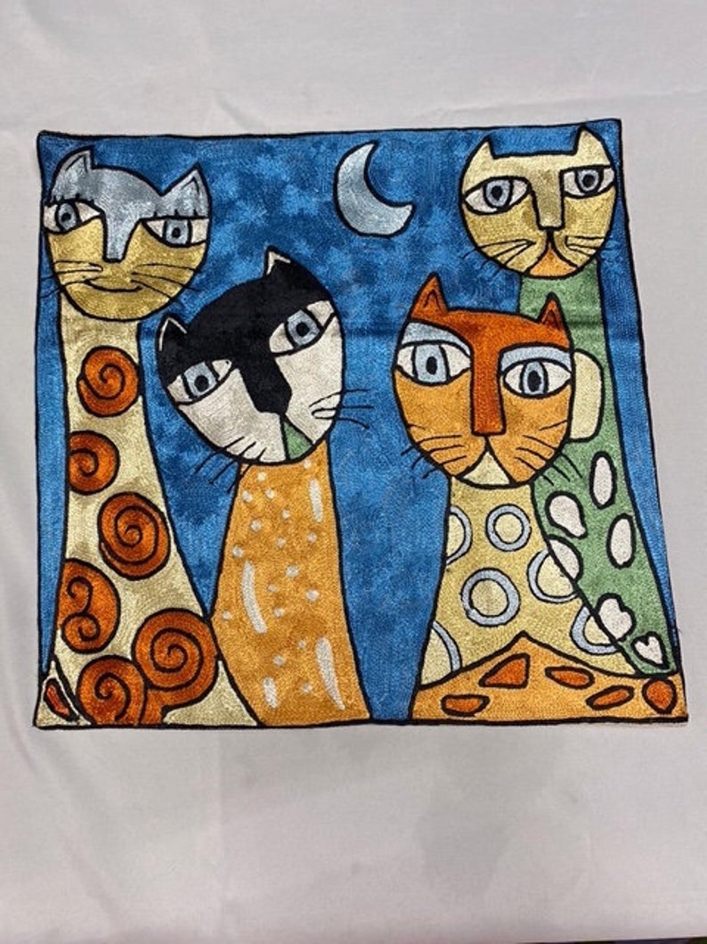 18x18inch Pillow Cover four cats and light blue moon blue background painting