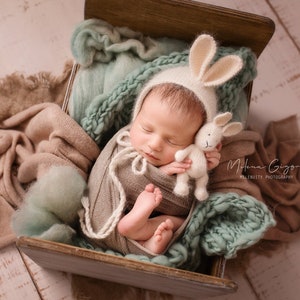 Newborn photo prop set, Knit Little bunny, Easter props set, Amigurumi rabbit toy, Soft baby bunny hat, Cream stuffed little bunny