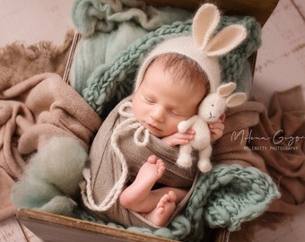 Newborn photo prop set, Knit Little bunny, Easter props set, Amigurumi rabbit toy, Soft baby bunny hat, Cream stuffed little bunny