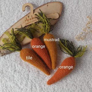 May include: Three knitted carrot-shaped toys with green tops. The carrots are labeled "mustrad", "orange", and "tile".