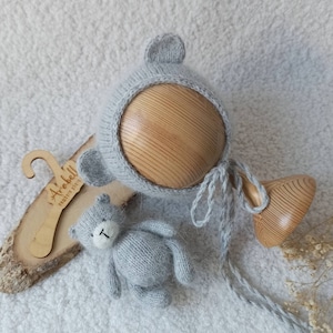 Teddy Bear Outfit, Stuffed Knit Bear, Newborn Photo prop, Knitted Bear Set, Little Fluffy Toy, Angora Knit Hat, Knitted Hat bear Ears