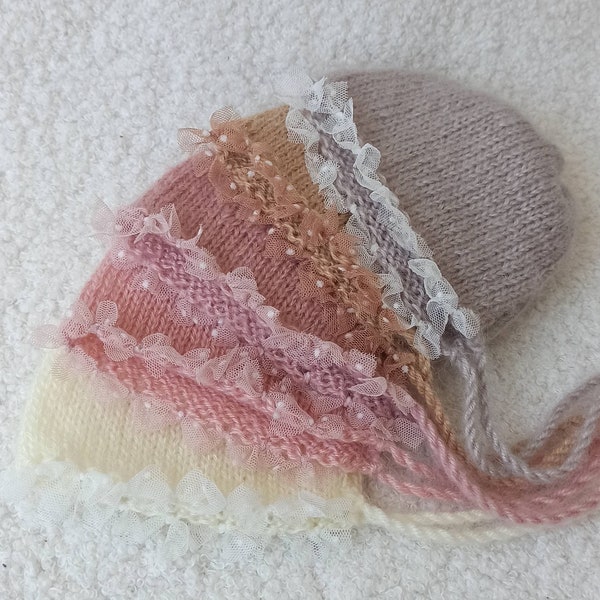 Newborn Hat with lace Ribbons for Photography Props, Newborn Photo Props, Newborn size Hat with Lace bow