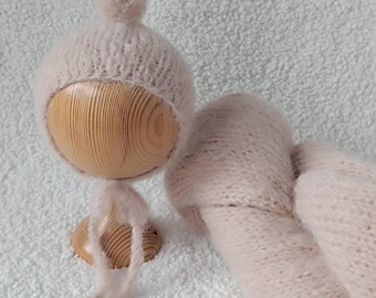 Newborn Photo Prop Set, Knit Stretch Wrap and Pom Pom Hat, Melody Drops Wrap 30x150 cm, Baby Photography Prop, Newborn Photography
