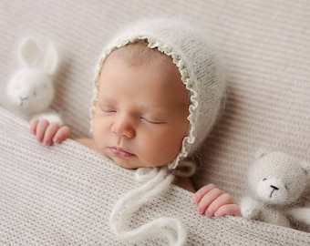 Baby Bonnet of Alpaca with Lace edge for Photo props, Newborn Baby Photography Props, Lace edge Baby bonnet alpaca for Photo Props